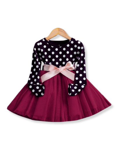 華やかなシルエットで写真映えする 女の子プリンセス長袖ワンピース ドット柄トップスと大きなリボン コットン裏地 90–130cm