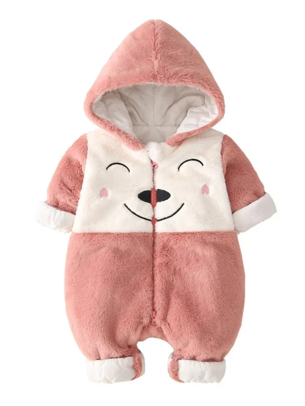 濃いピンクカラーのアニマルフェイス付き中綿ベビーカバーオール 正面デザイン
