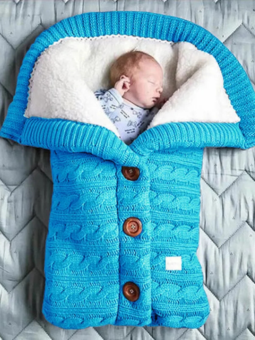 ライトブルーのねじり編みニットベビー寝袋を画面いっぱいに大きく写したメインビジュアル画像（ベビー寝袋 ライトブルー ニットおくるみ）
