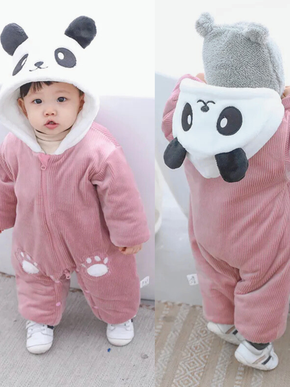パンダ風フード付きピンクベビーカバーオールを着た赤ちゃんの着用イメージ
