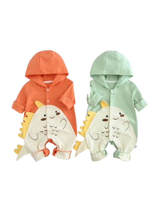 毎日のおでかけをふんわり快適にする 赤ちゃん用長袖カバーオール 恐竜デザインフード付き コットン 66〜90cm