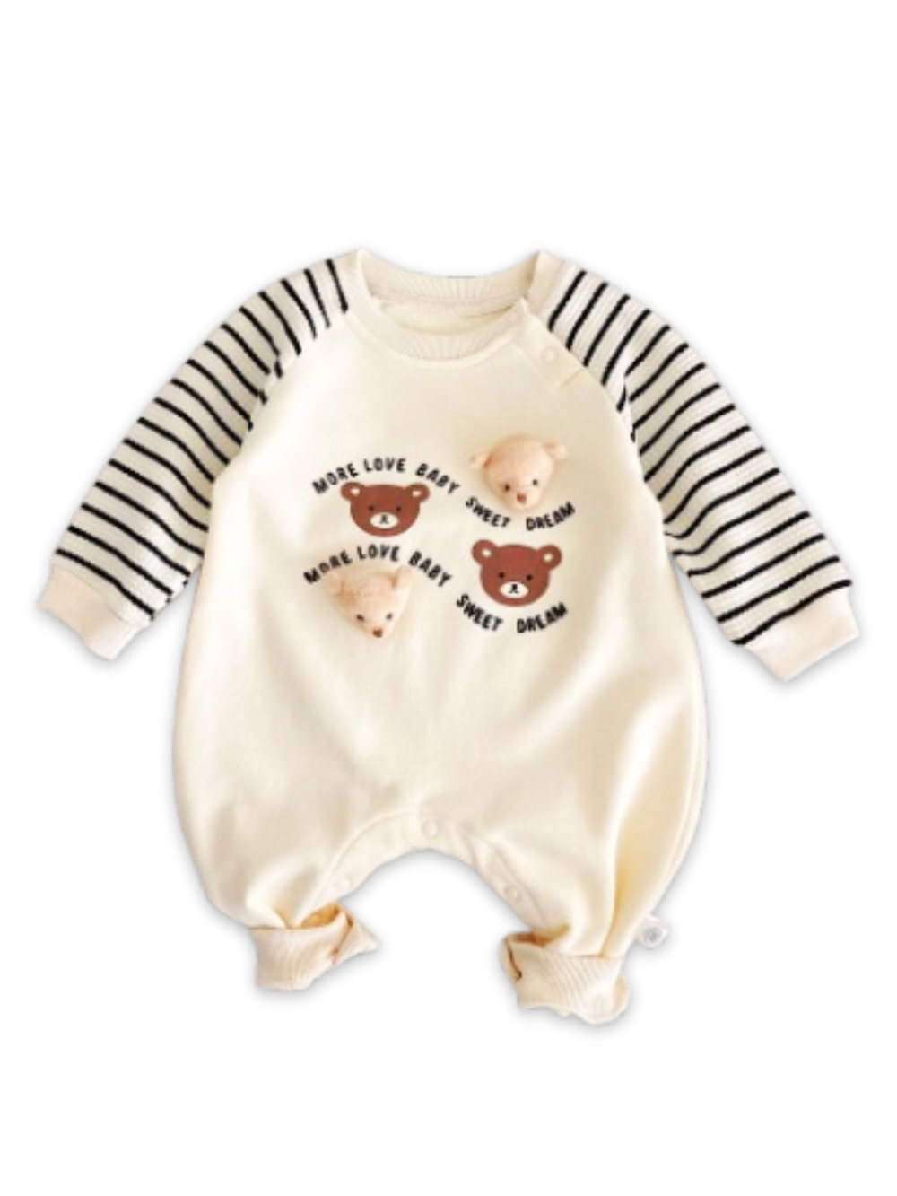 アプリコットカラーのテディベアプリント長袖ベビーカバーオール正面デザイン
