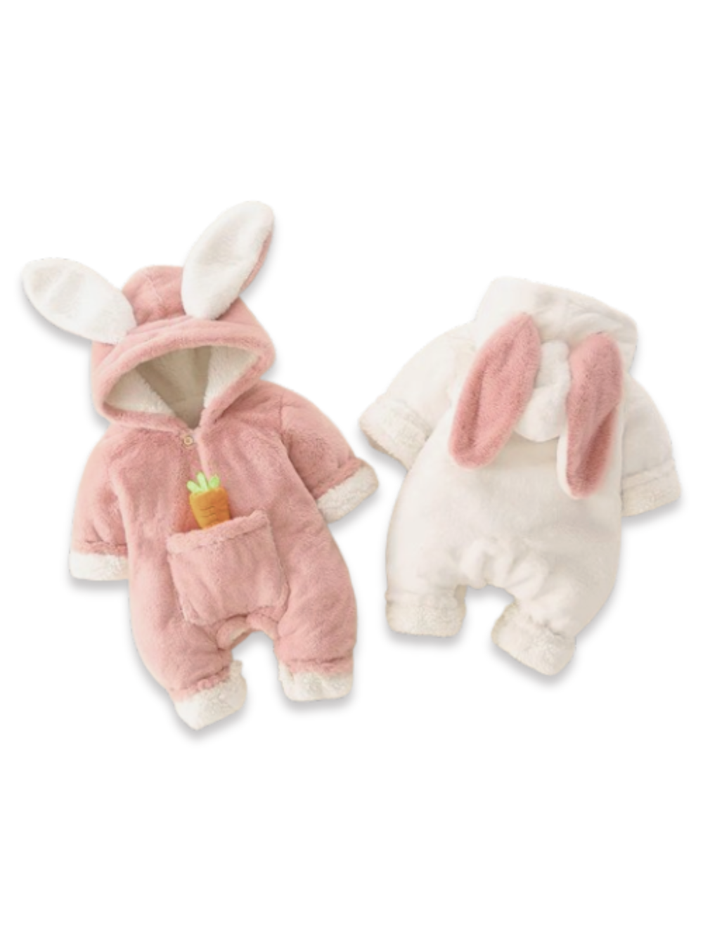 ピンクとホワイトのうさぎ耳フード付き厚手ベビーカバーオールを前後から並べた写真

