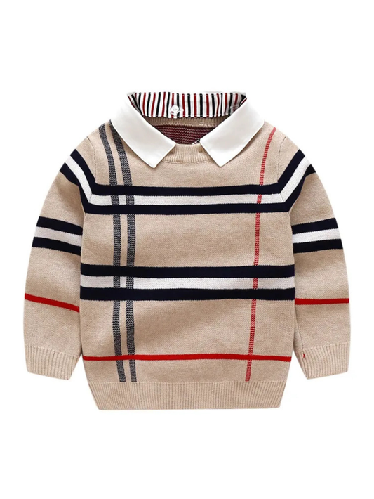 アプリコットカラーの男の子用チェック柄ニットセーター正面全体イメージ
