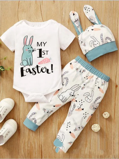 うさぎプリントが愛らしい ベビー半袖ロンパース＆パンツ 3点セット コットン薄手 70–100cm