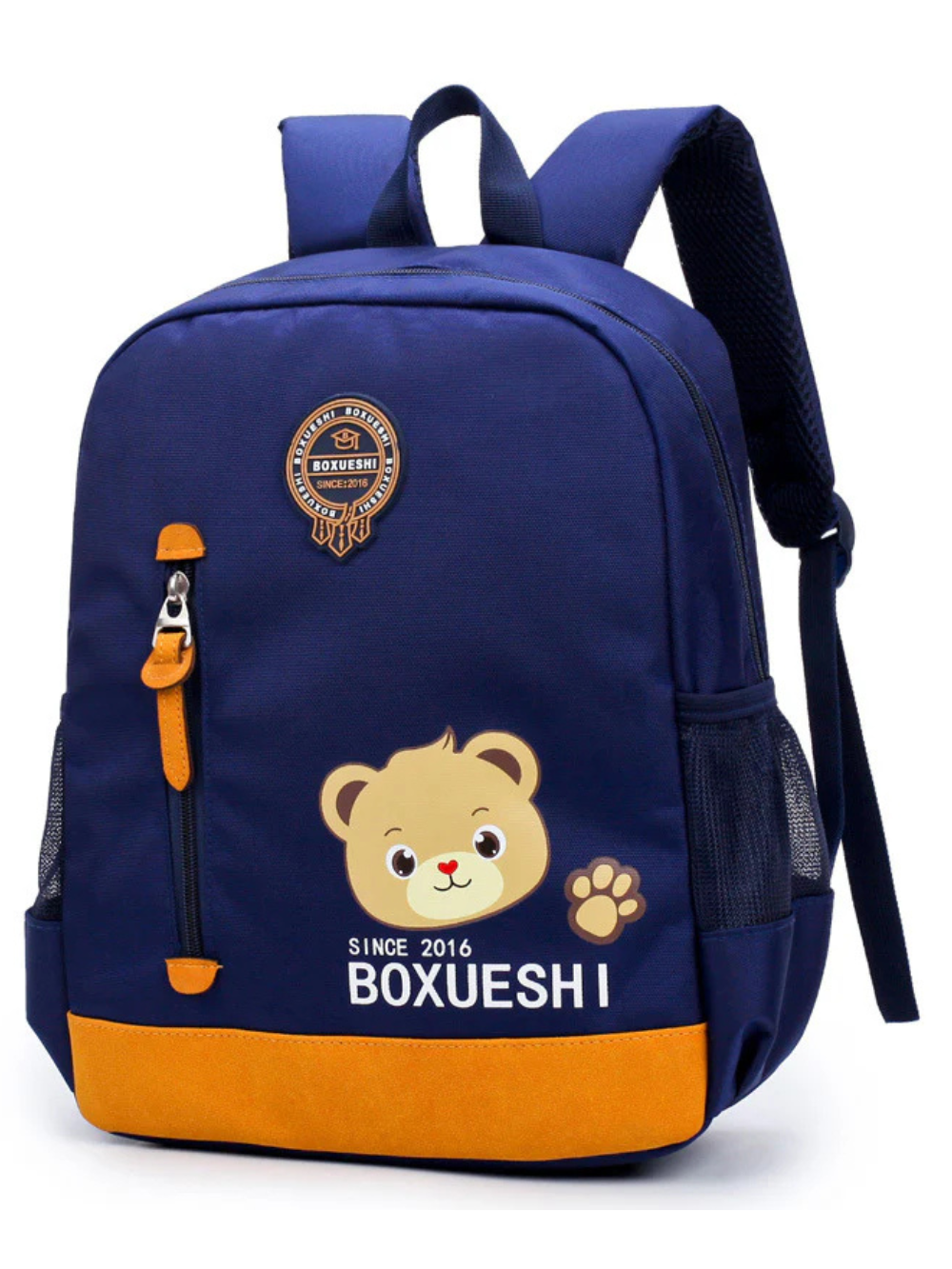 ネイビーのクマ柄キッズバックパック正面（保育園リュック 男の子）
