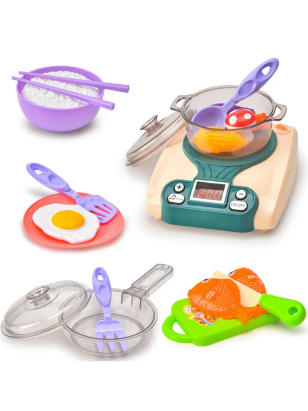 キッチン本体とはかりフライパン食材パーツがセットになった全体写真
