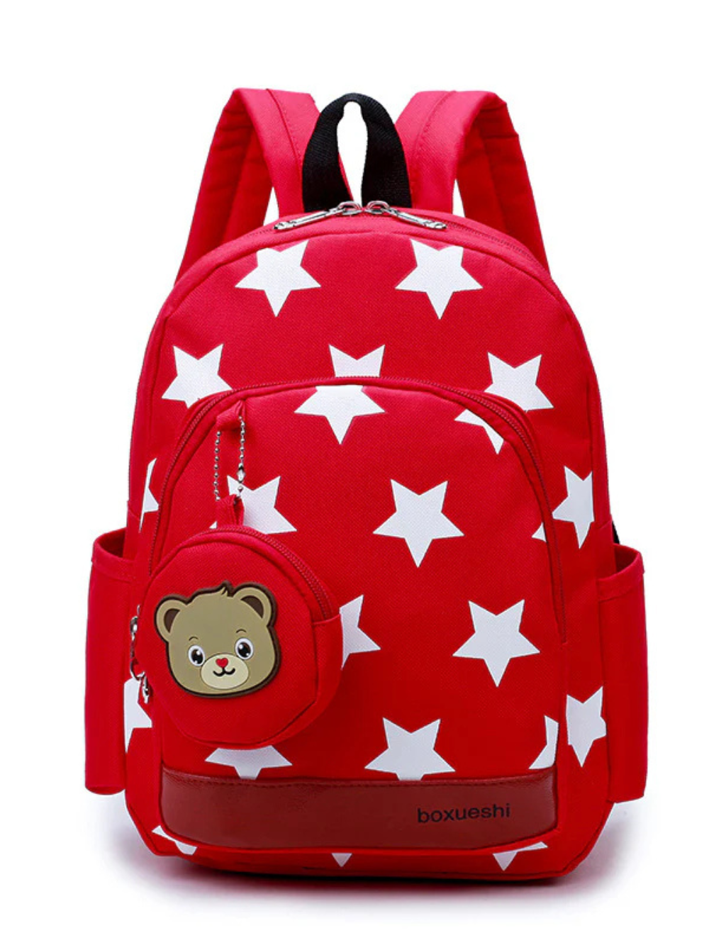 小さなクマモチーフが付いた保育園バッグの正面写真（保育園バッグ・キッズリュック）
