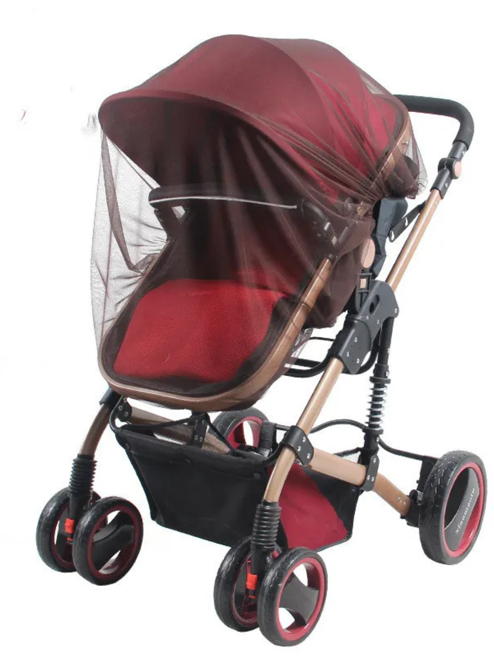 ブラウンのベビーカーに虫除けメッシュカバーをかけた正面写真（ベビーカー用虫除けネット・ベビーカー蚊帳）

