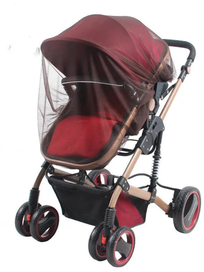 ブラウンのベビーカーに虫除けメッシュカバーをかけた正面写真（ベビーカー用虫除けネット・ベビーカー蚊帳）
