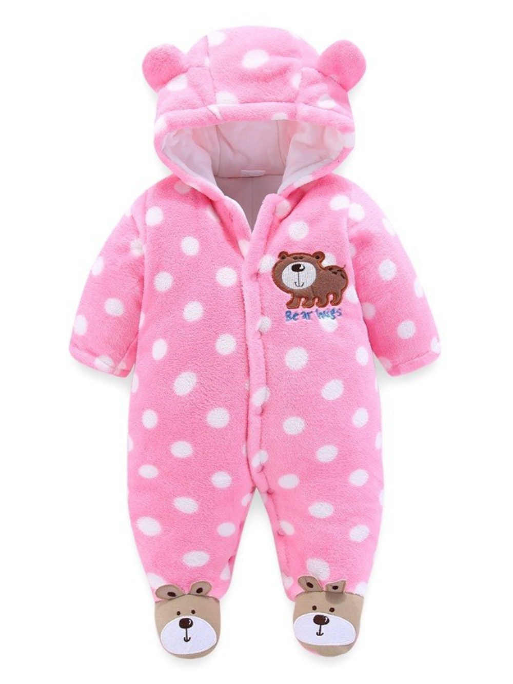 シロクマピンクのフード付きベビー着ぐるみカバーオール全体
