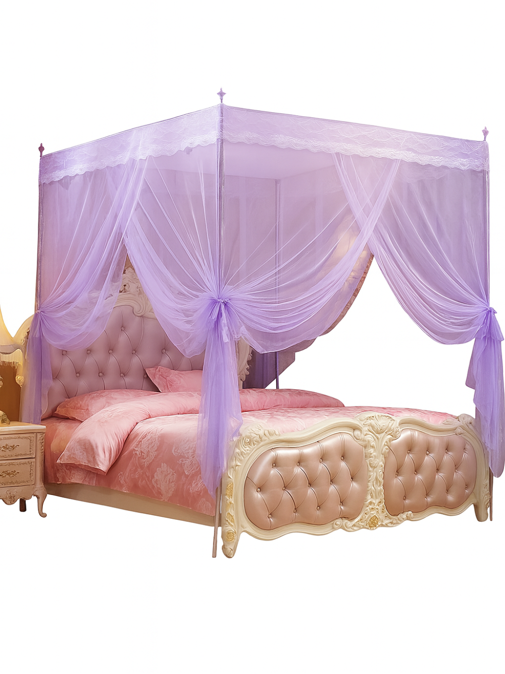 パープル系グラデーションのパレス風ベッド蚊帳が彫刻入りプリンセスベッド全体をふんわり包むロイヤル寝室コーディネート（パープルロイヤルプリンセス蚊帳）
