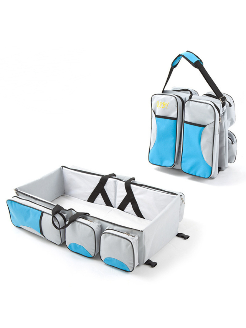 ライトグレーのベビーベッドとブルーのポケット付きママバッグ一体型ベビーベッドを並べて見せた商品写真（折りたたみトラベルベビーベッド・ブルー）
