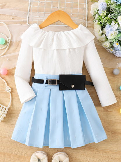 女の子用フリル長袖トップスとプリーツスカートとベルトの3点セット全体イメージ

