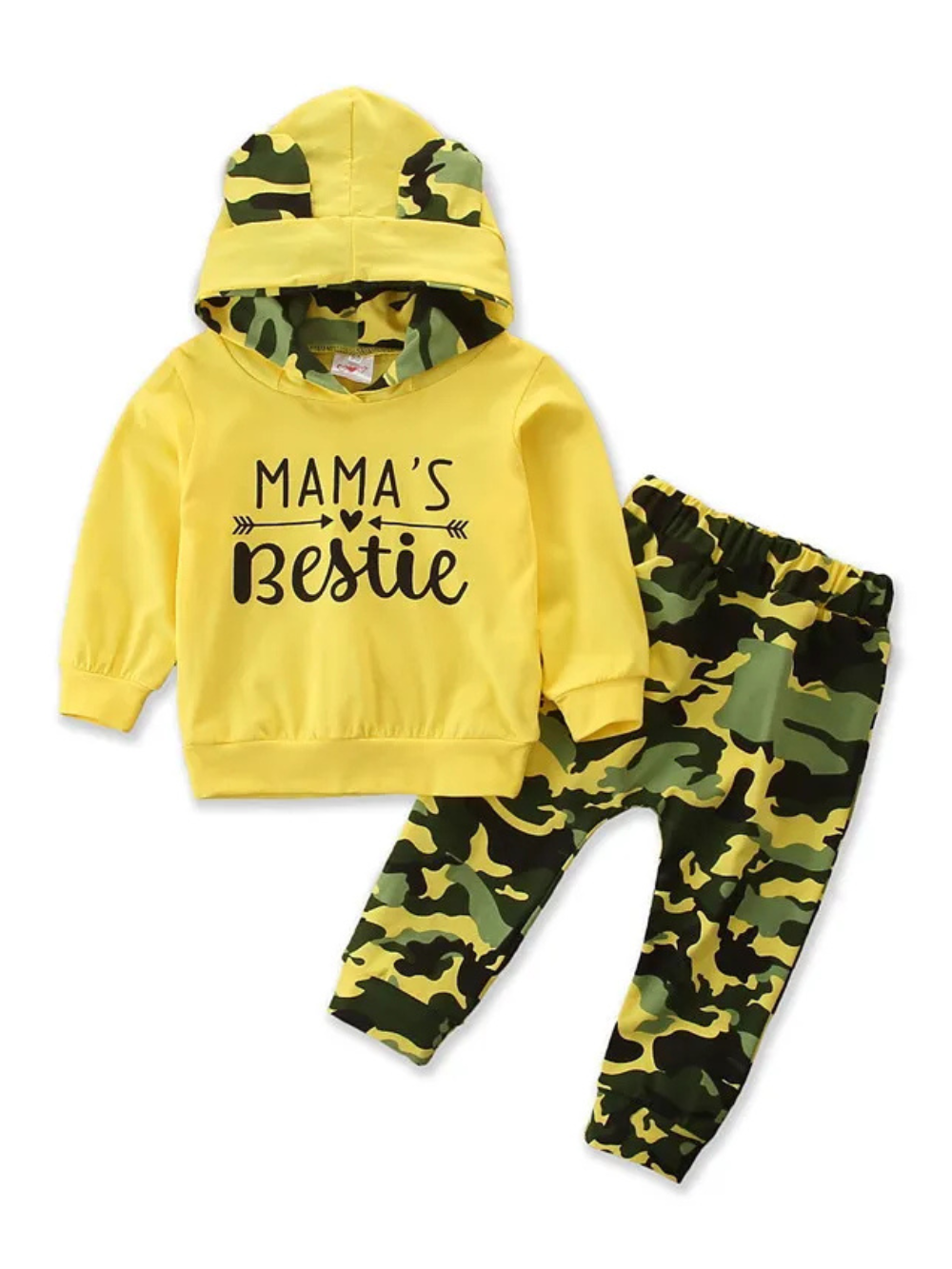 イエローのフード付きトレーナーとカモフラ柄ロングパンツのベビー女の子セットアップ正面
