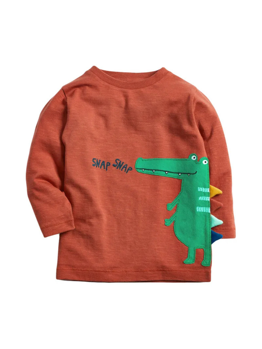 ワニプリント入りオレンジ長袖ニットTシャツ正面
