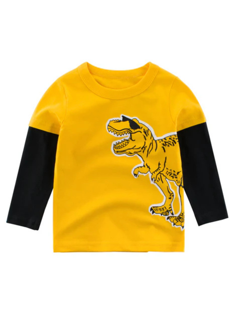 恐竜プリント入りゴールデンイエロー長袖Tシャツ正面
