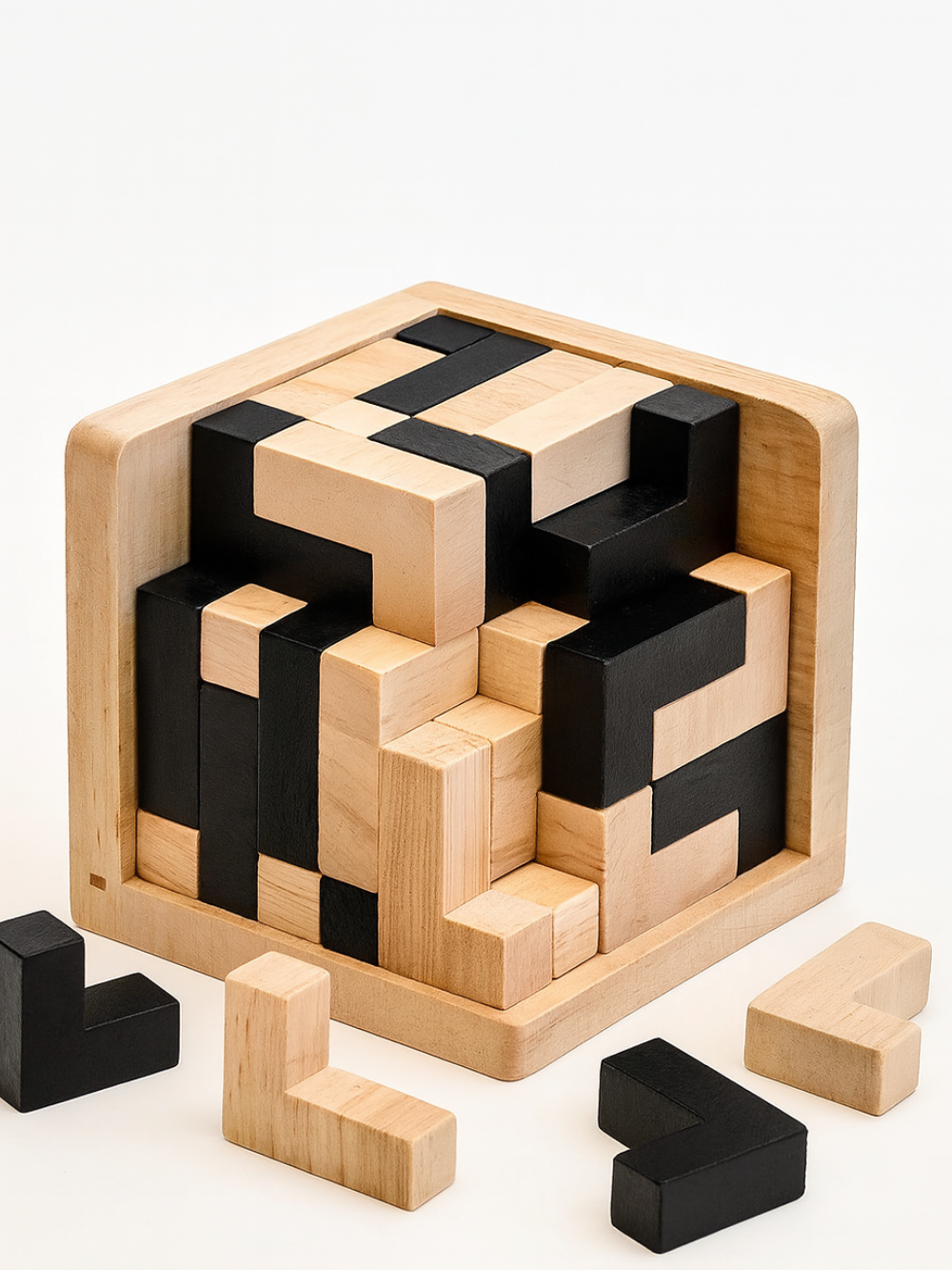 「EDUCATIONAL TOYS」の見出しと木製ブレイン立体パズル54Lが教育玩具として紹介されている画像
