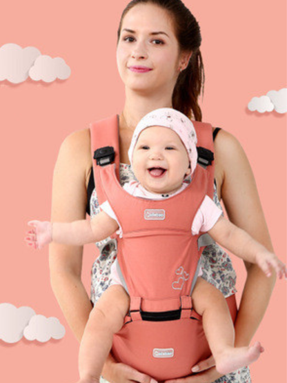 ピンクの多機能ベビー抱っこ紐ヒップシートを着用したママと笑顔の赤ちゃんが並んで写っている商品イメージ (ベビー 抱っこ紐 ピンク)
