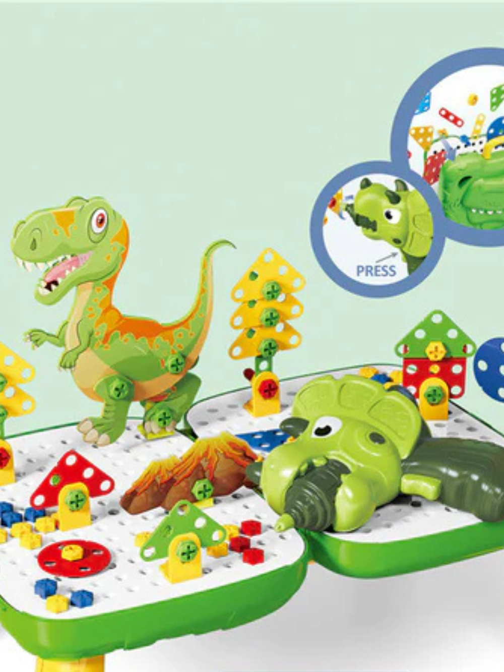 恐竜フィギュアとワニ型ヘッドが乗ったスクリュープレートテーブルにカラーネジが並ぶメインイメージ
