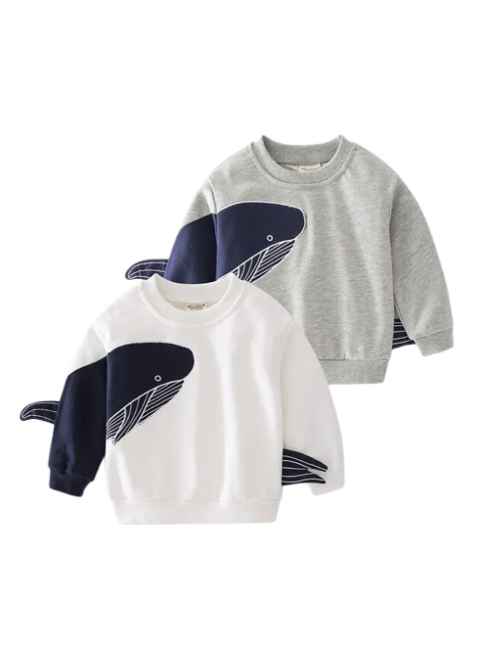 クジラ柄の袖が目を引く男の子用長袖スウェットトレーナーが2枚並んだイメージ
