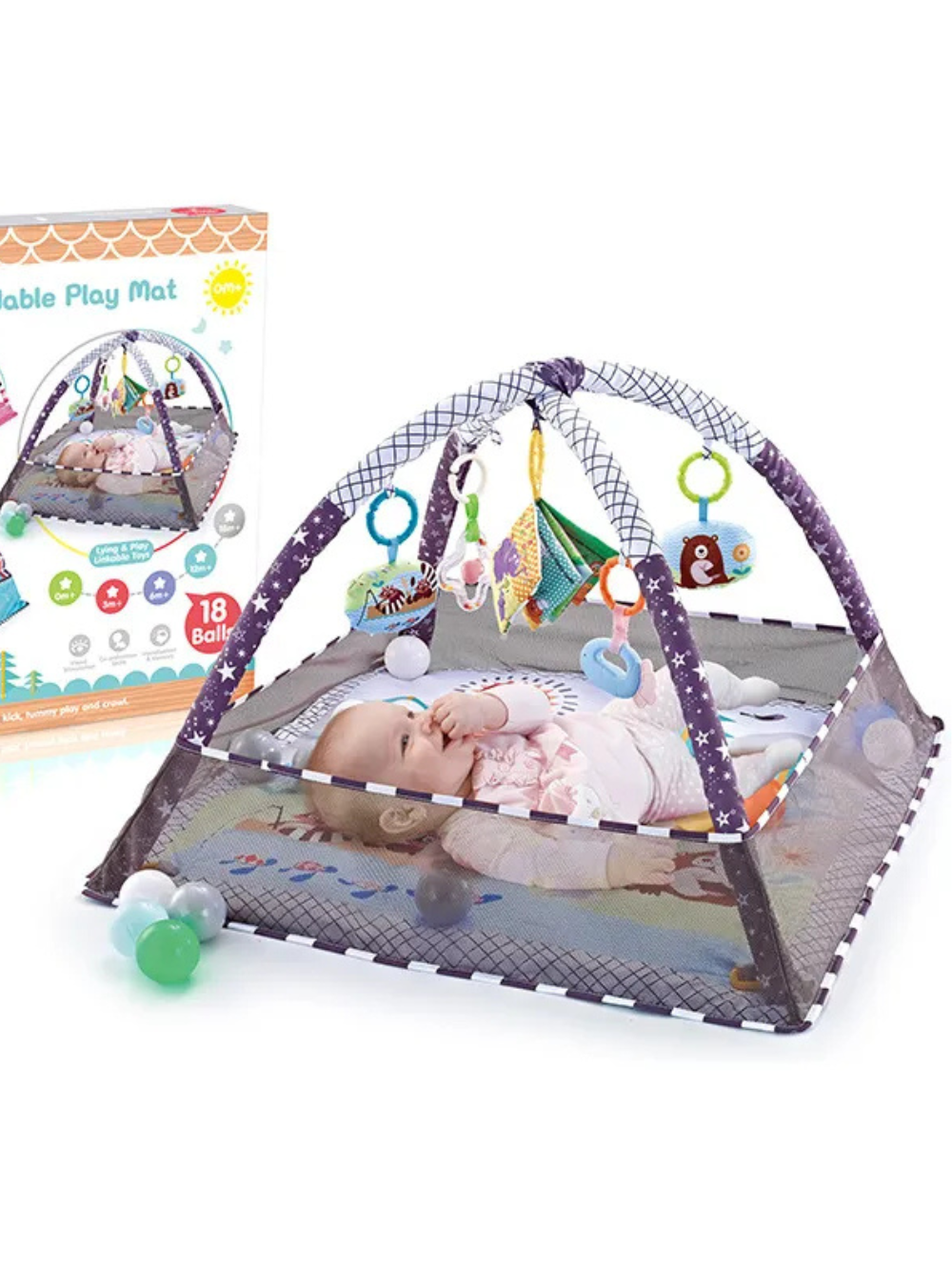 パッケージ箱の横でグレー系フェンス付きベビージムプレイマットの上に眠る赤ちゃん
