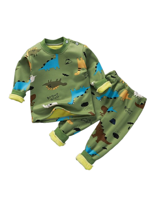 裾と袖を折り返した恐竜グリーンカラー裏起毛キッズパジャマのディテール
