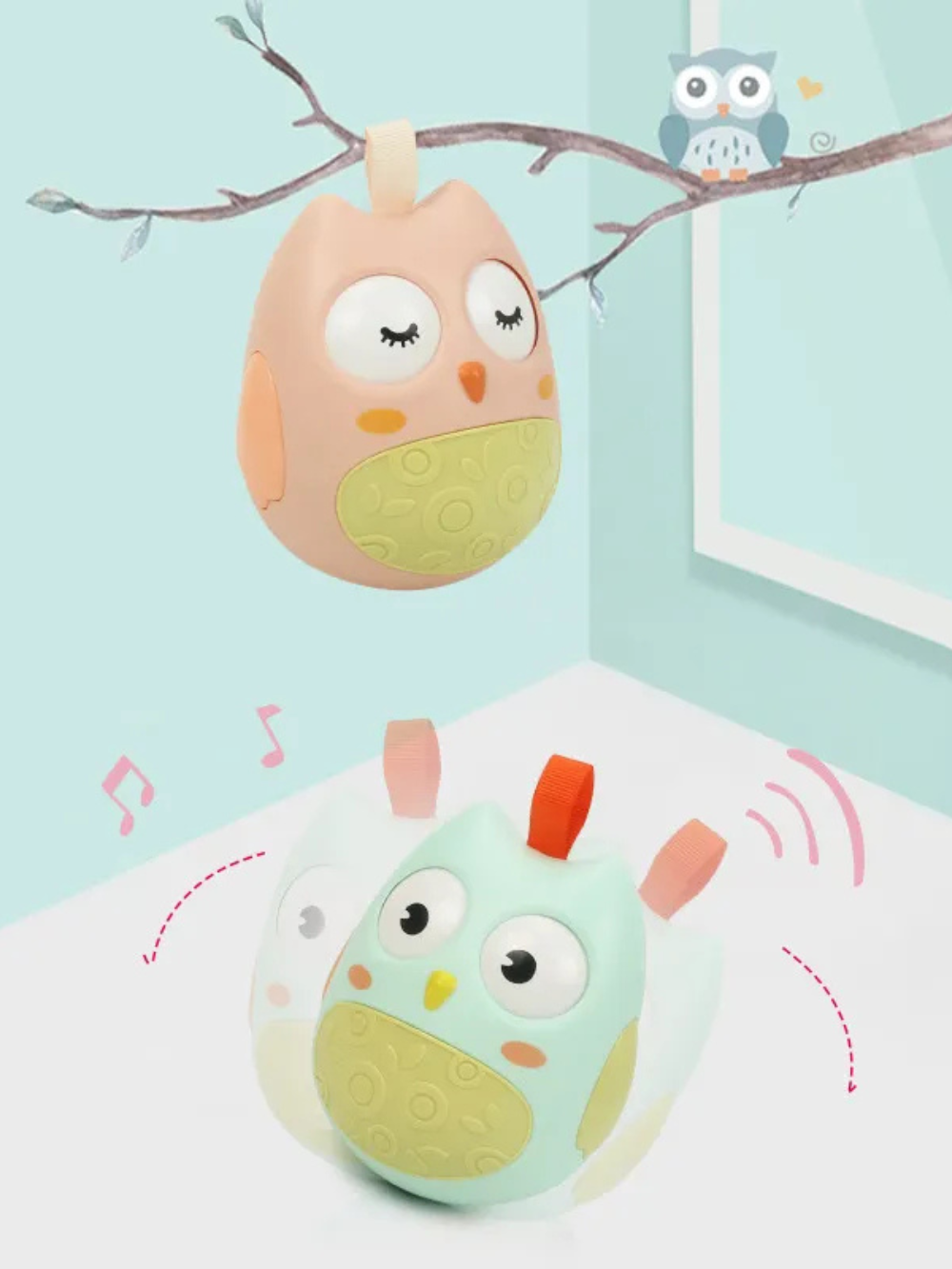 淡いミントグリーンのタンブラーとベージュのフクロウタンブラーが床の上でゆらゆら揺れ、音符マークが描かれた軽やかな雰囲気のイメージ画像
