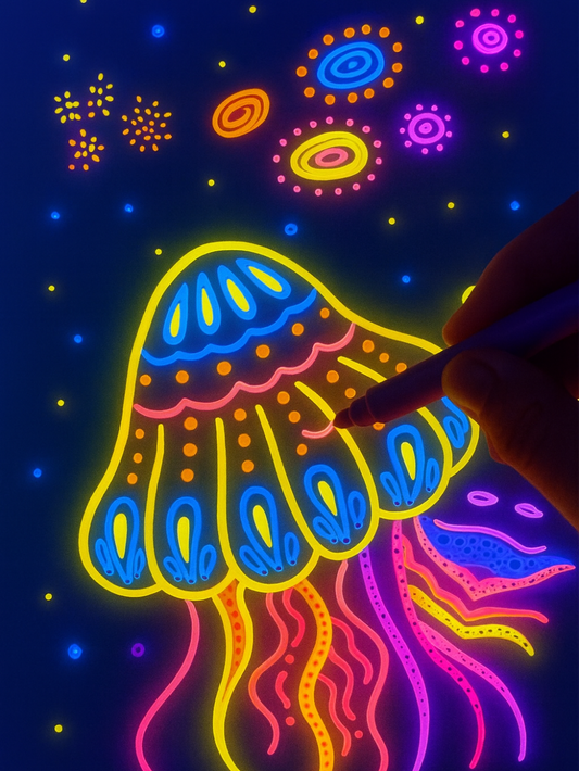 黒い背景にカラフルなネオンラインでクラゲと星空が描かれたLEDお絵かきボードのアップ写真
