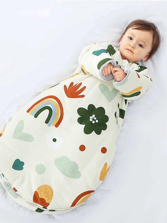 レインボー柄の袖付きベビースリーパー（ベビー寝袋）全体イメージ
