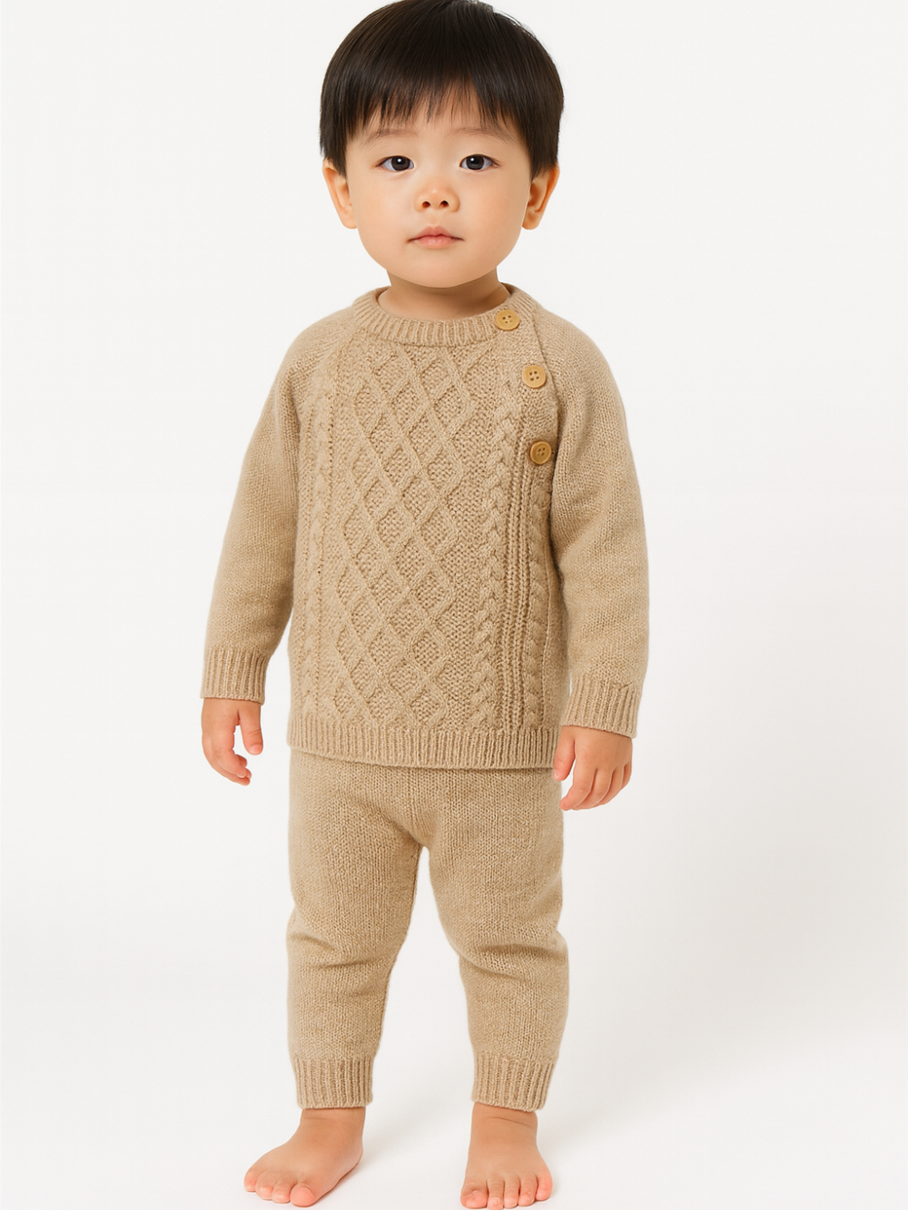 キャメルカラーのベビーニットセットアップを着て立っている子どもの全身コーデ
