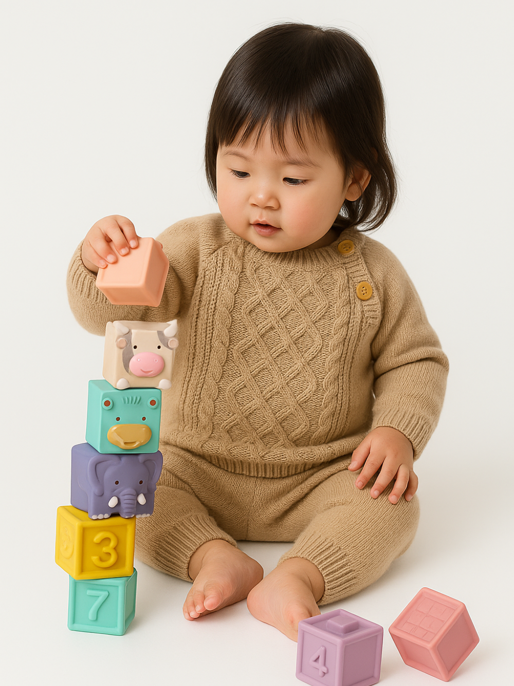 キャメルカラーのベビーニットセットアップを着た子どもが積み木で遊んでいる様子
