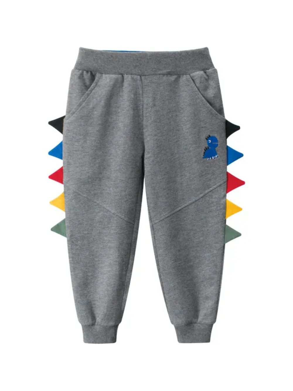 後ろ側のシルエットとサイド飾りが分かるグレー恐竜デザインキッズロングパンツ
