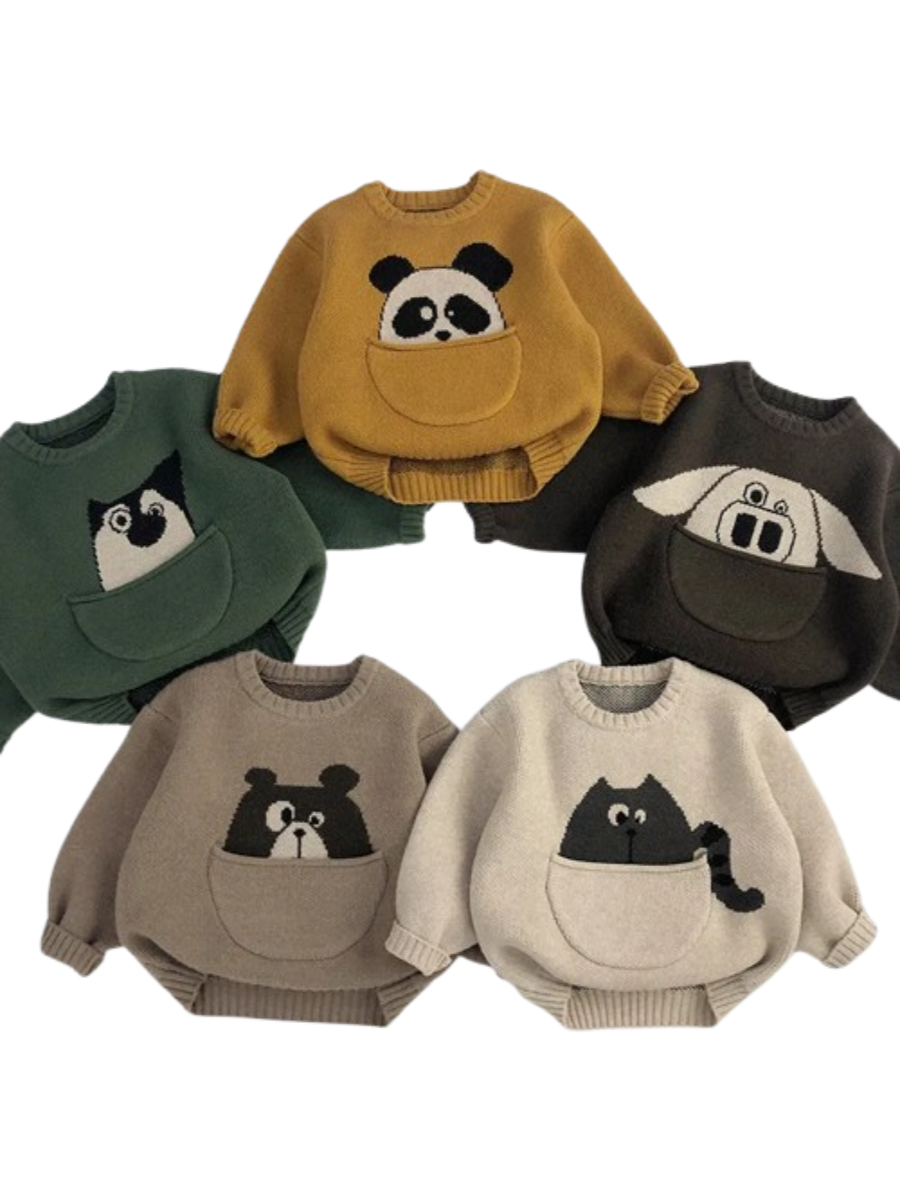 ベージュ・ディープコーヒー・フォレストグリーン・カーキ・ターメリックの動物ポケット子どもニットセーターを並べたカラーバリエーション
