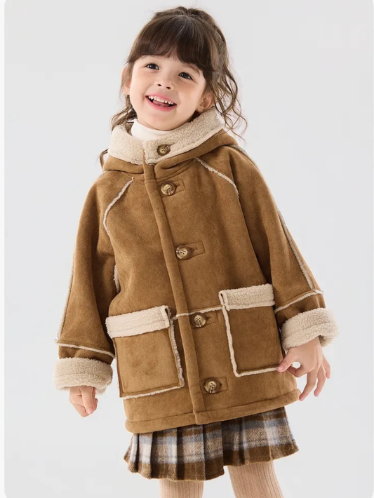 ふんわりボアで冬のおでかけもあったか 女の子フード付きコート テリークロス風ポリエステル 80–130cm