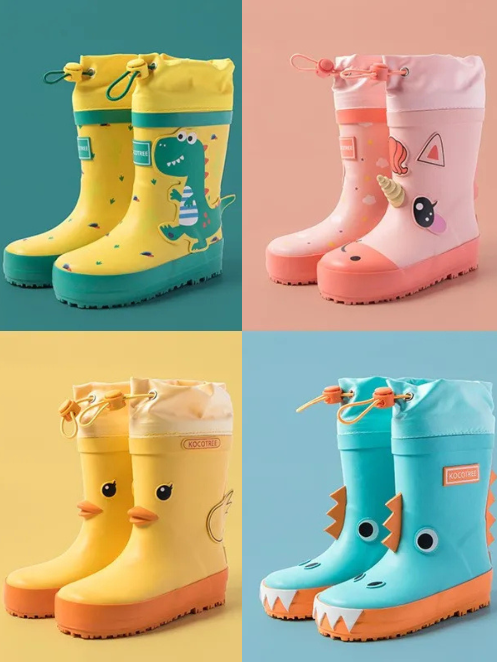 キッズ用レインブーツ 4デザイン（恐竜・ユニコーン・アヒル）集合イメージ
