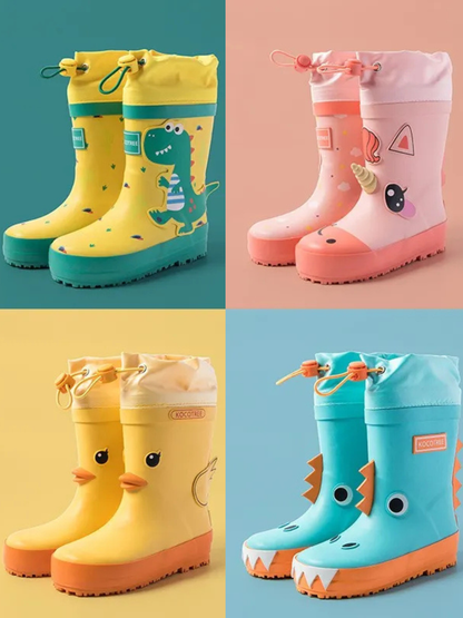 キッズ用レインブーツ 4デザイン（恐竜・ユニコーン・アヒル）集合イメージ
