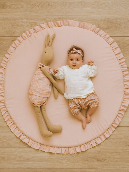 円形ラウンドベビープレイマット 直径約100cm 厚み約2cm フリル付き コットン100% ふんわり床遊びマット 寝返り・お昼寝・室内あそび用