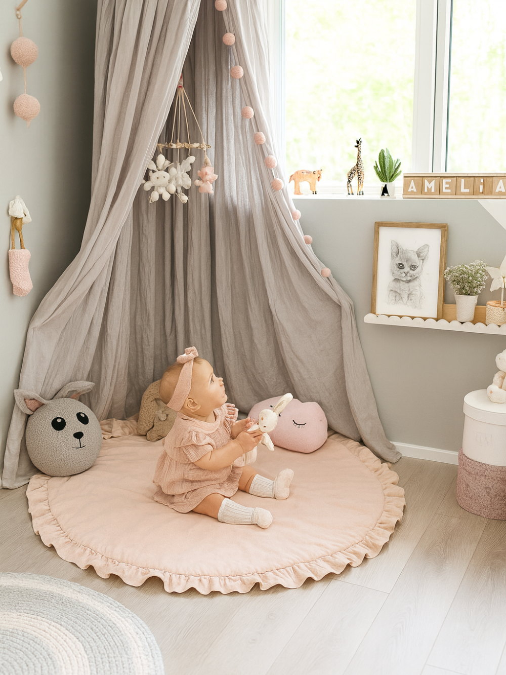 子ども部屋の床に敷いたピンクの円形フリル付きベビープレイマットの上で座って遊ぶ赤ちゃん 室内の使用イメージ
