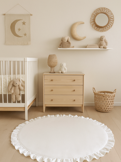 ナチュラルな子ども部屋の床に敷いたホワイトの円形フリル付きベビープレイマット 室内インテリアの使用イメージ

