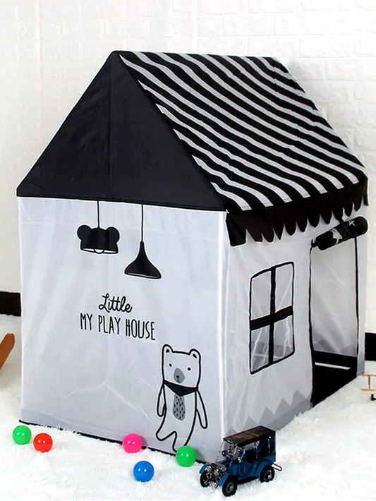 ブラック・ホワイトの折りたたみキッズプレイハウステント 室内に設置した全体イメージ ボール付き
