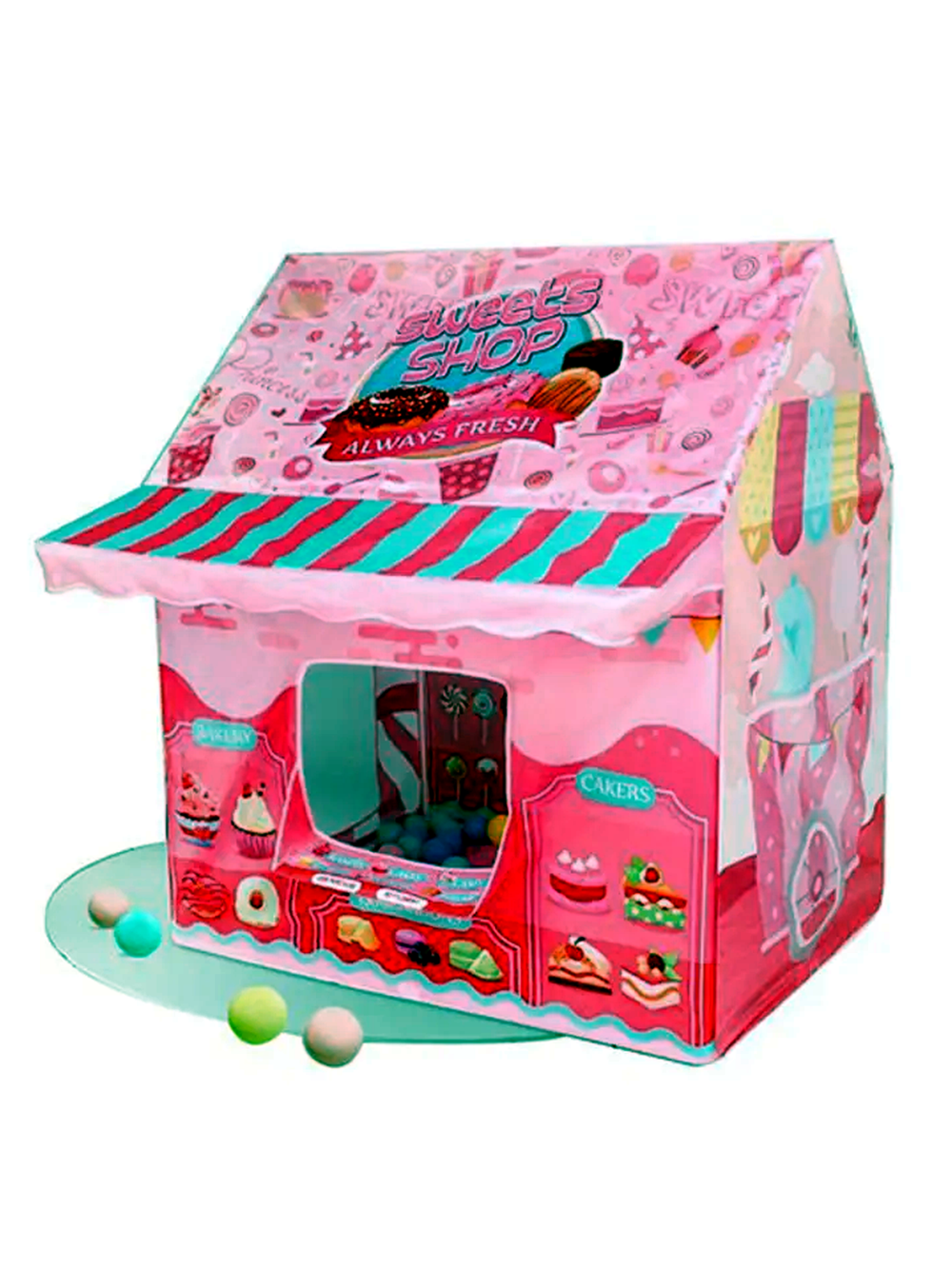 ピンクのデザートショップ風キッズプレイハウステント 白背景の商品画像 窓付きの室内ごっこ遊びテント

