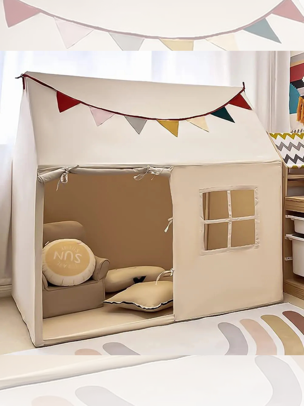室内キッズテント 窓付きプレイハウス ピクチャーカラー 入口オープン 設置イメージ
