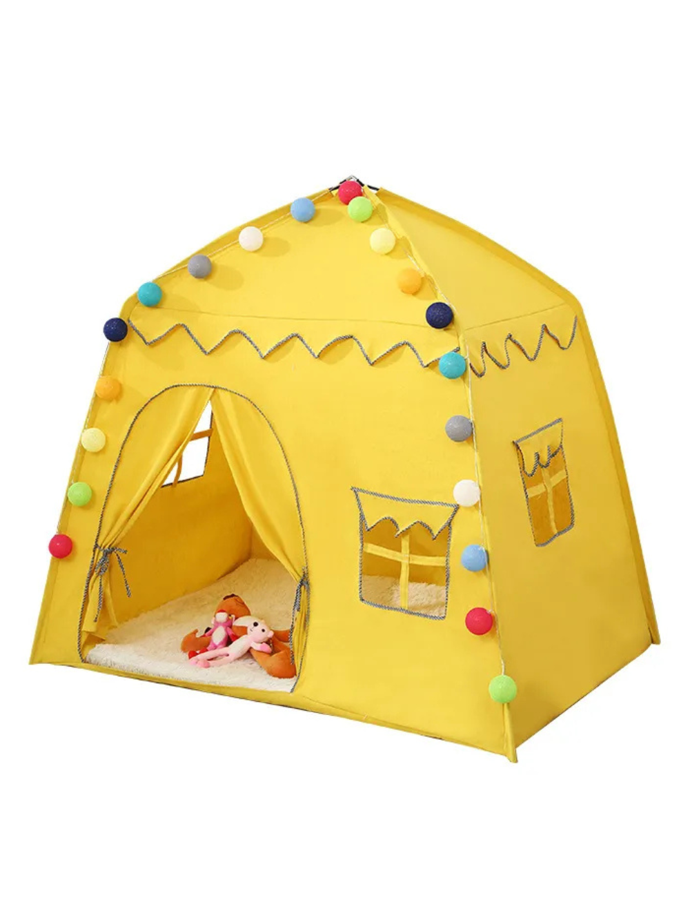 布製キッズテント イエロー 入口オープン 窓デザイン 白背景 パース視点
