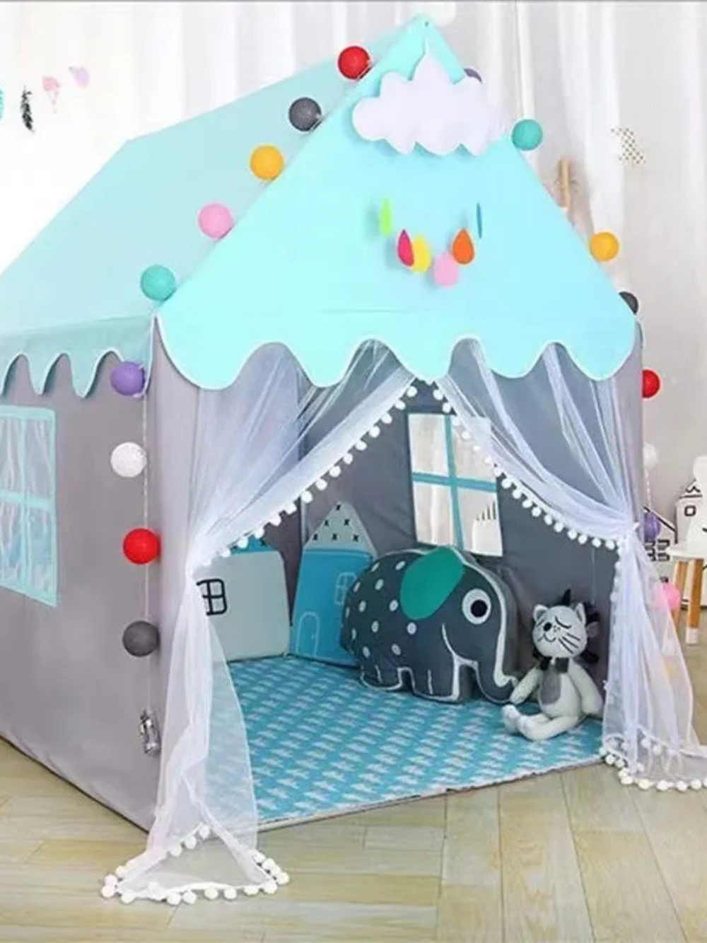 キャッスル型キッズテント ブルー 室内設置イメージ 入口オープン
