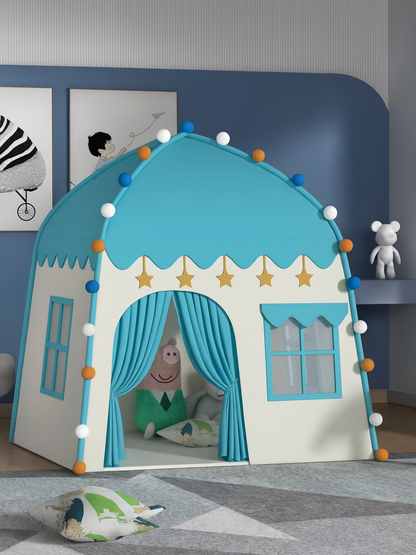 ブルーキャッスルテント ライト付き 室内設置イメージ カーテン付き 入口オープン
