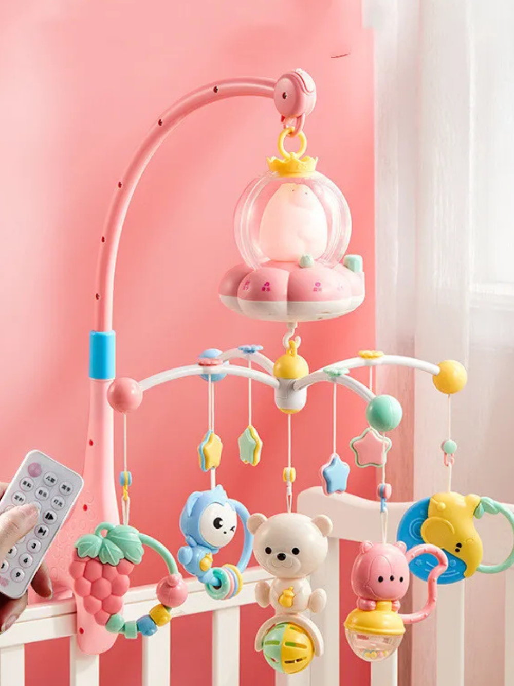 ベビーベッドメリー 回転モビール 取り付け使用イメージ パウダーピンク 吊り下げモチーフ
