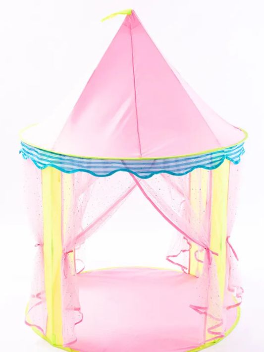 ピンクのキッズ室内テント 全体イメージ 円形プレイハウス 白背景
