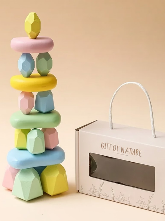 木製マカロンカラーのスタッキングストーン タワー積み上げ例とカラーボックス
