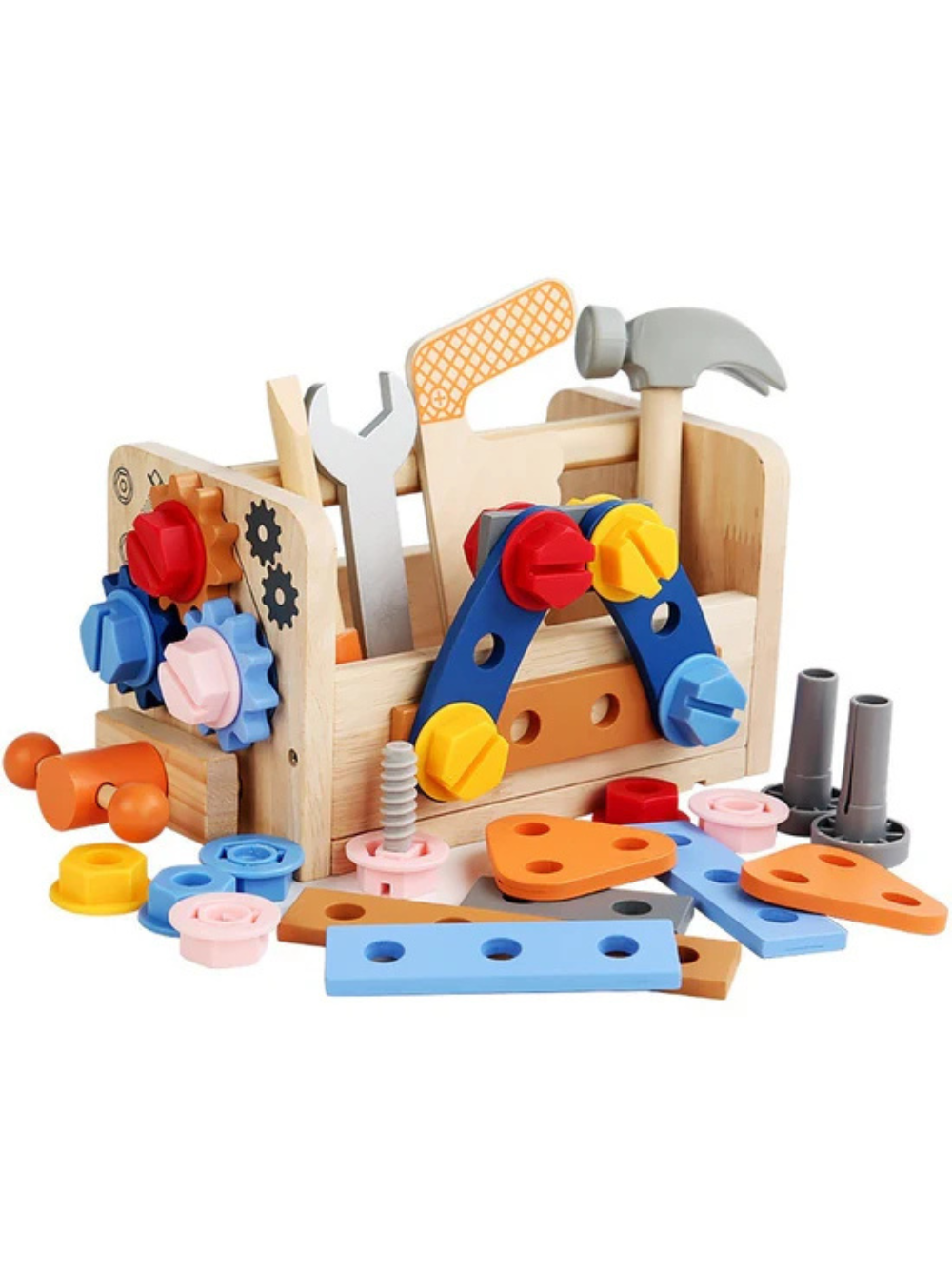 カラフル工具パーツ付き木製大工セット スパナ・ドライバーで組み立て遊び
